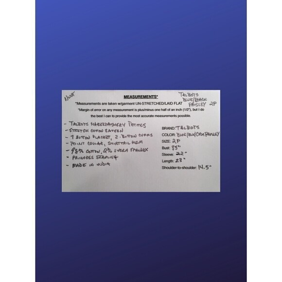 TALBOTS HABERDASHERY PETITES Blouse Shirt, BLUE/CRM/BLACK PAISLEY, Size 2P, NWOT - Picture 8 of 8